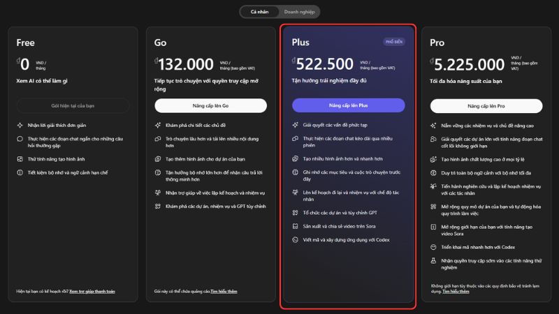 nâng cấp ChatGPT Plus